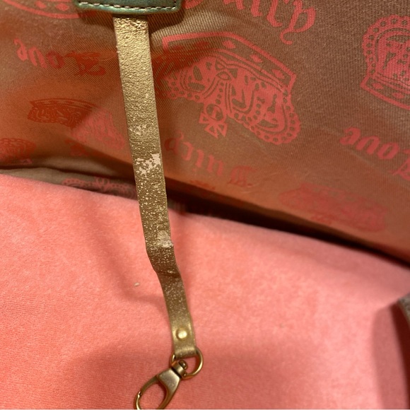 JUICY COUTURE Vtg Pink Velour Pet Carrier Gold Leather Base/Straps Metal Charms - Picture 10 of 12